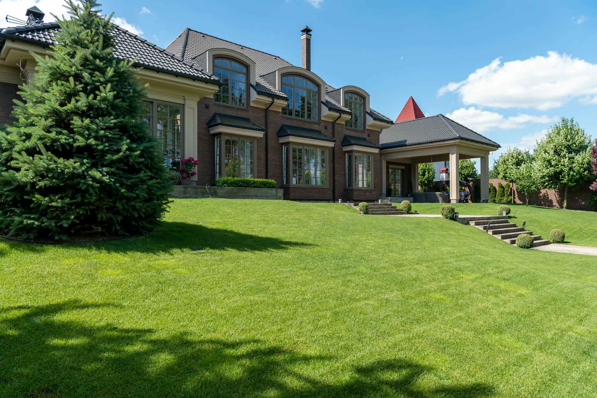 Luxury estate with manicured lawn and modern architectural design