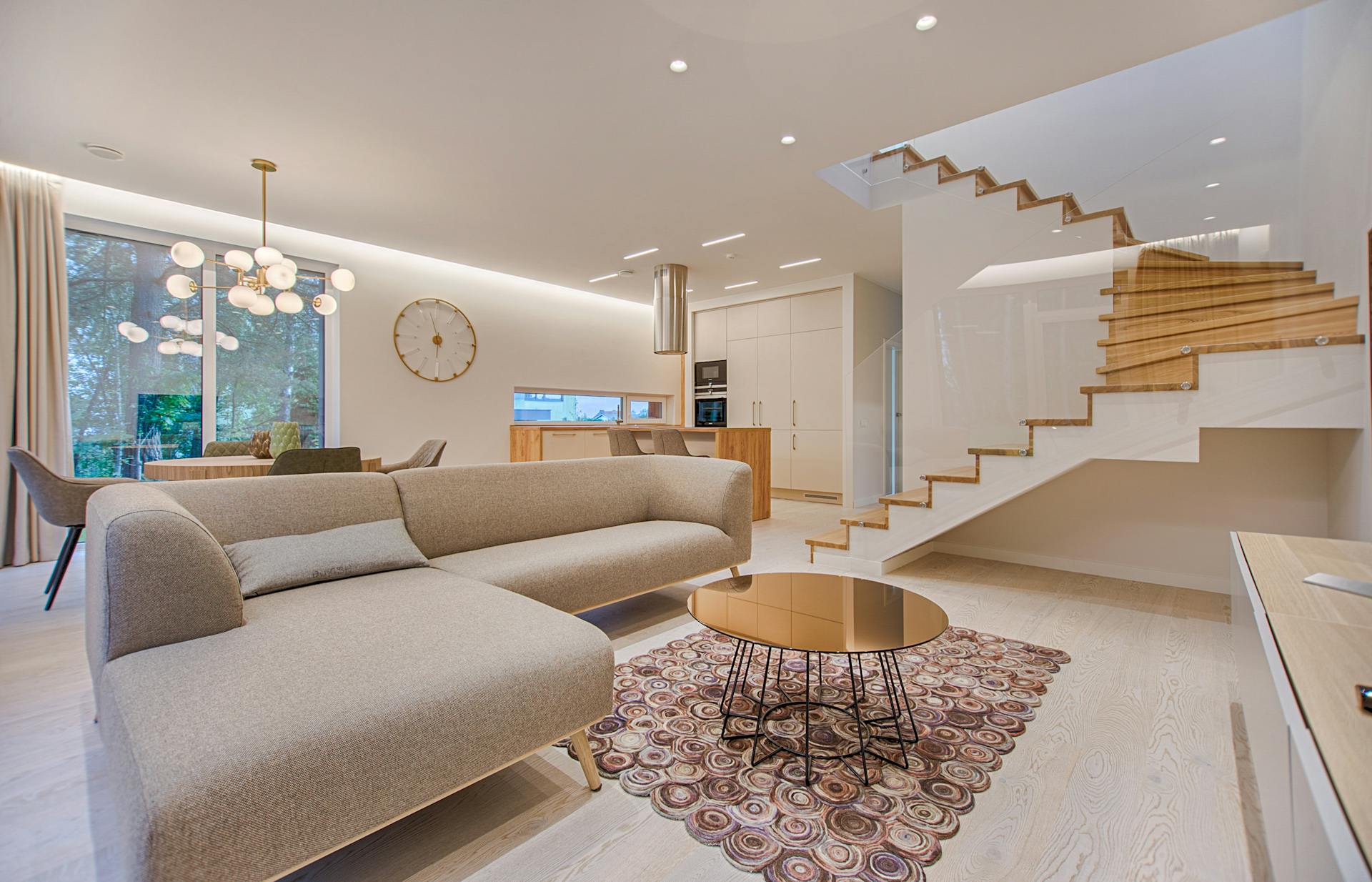 Elegant living room with designer furniture and warm lighting